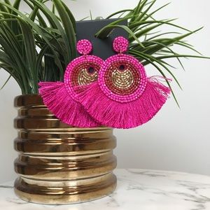 ‼️ Fuchsia Pink Beaded Thread Fan Earrings Boho